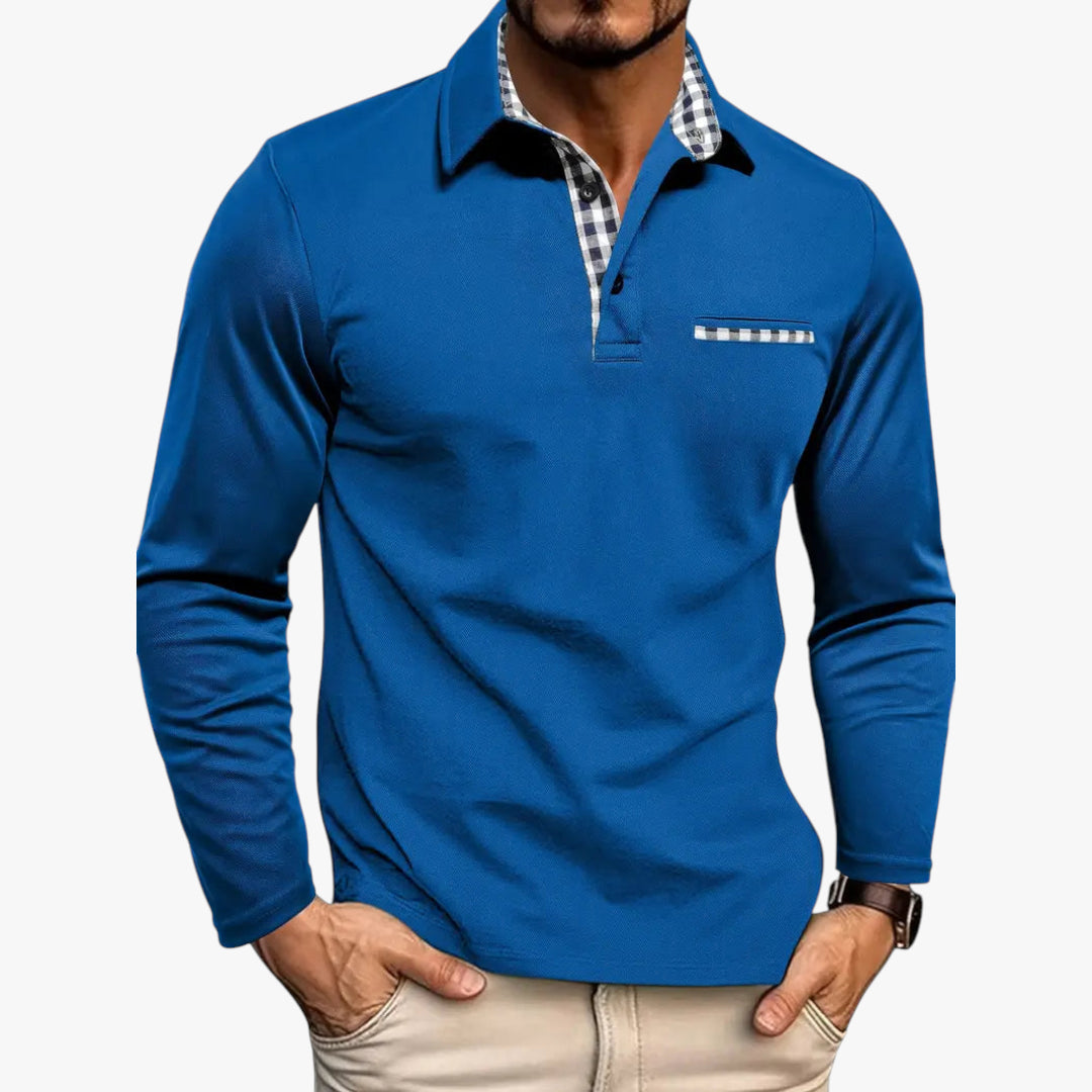Blue long-sleeve polo shirt worn by a person on a white background