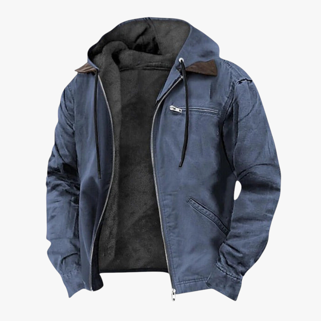 Blue jacket with a hood on a white background