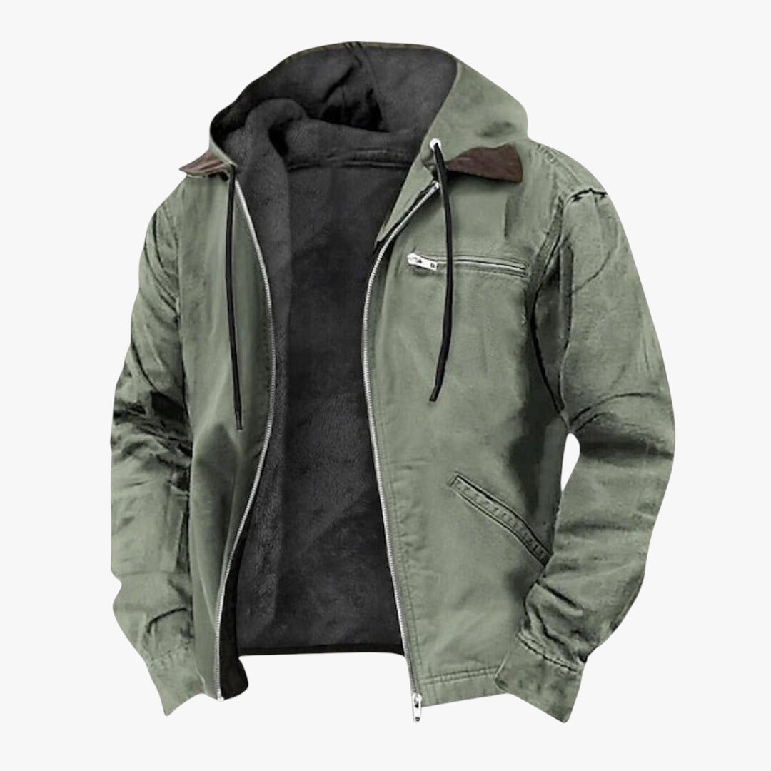 Green jacket with a hood on a white background