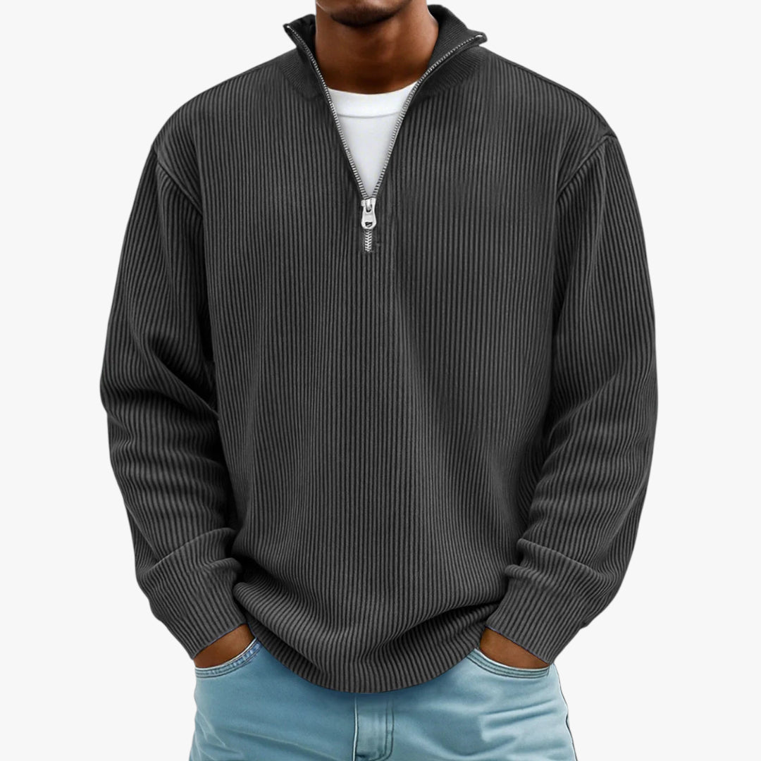Man wearing a dark gray ribbed quarter-zip sweater on a white background
