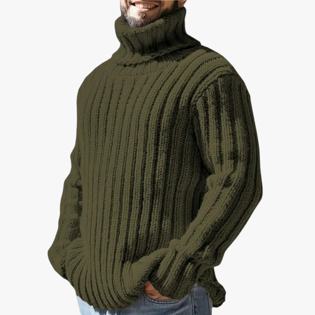 Man wearing a green ribbed turtleneck sweater on a white background