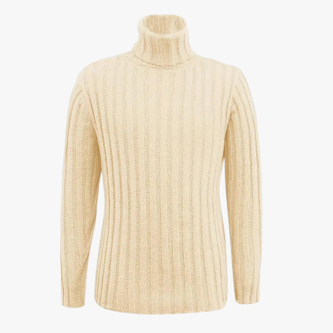 Beige turtleneck sweater on a white background