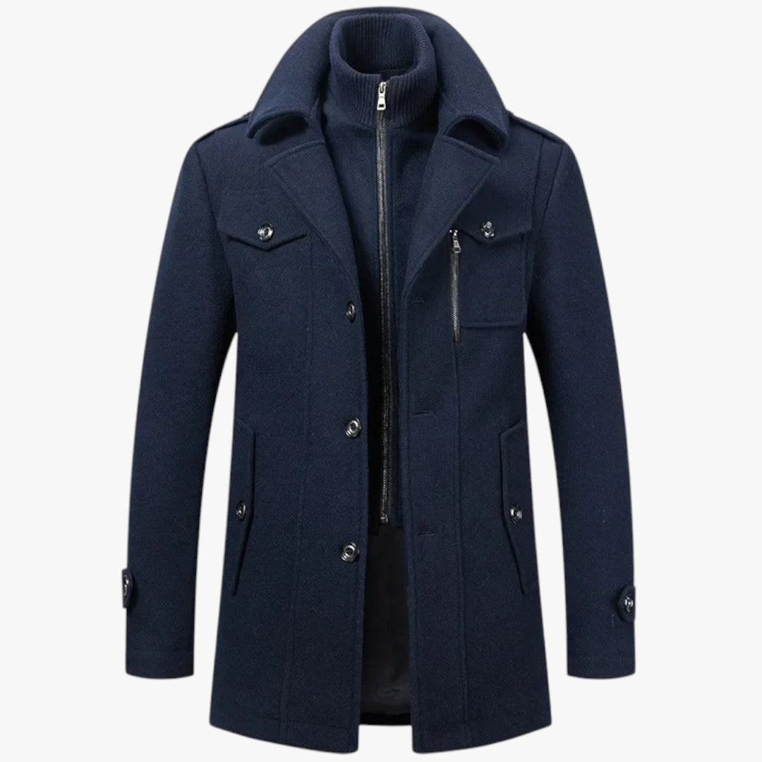 Navy blue coat with zippers and buttons on a white background