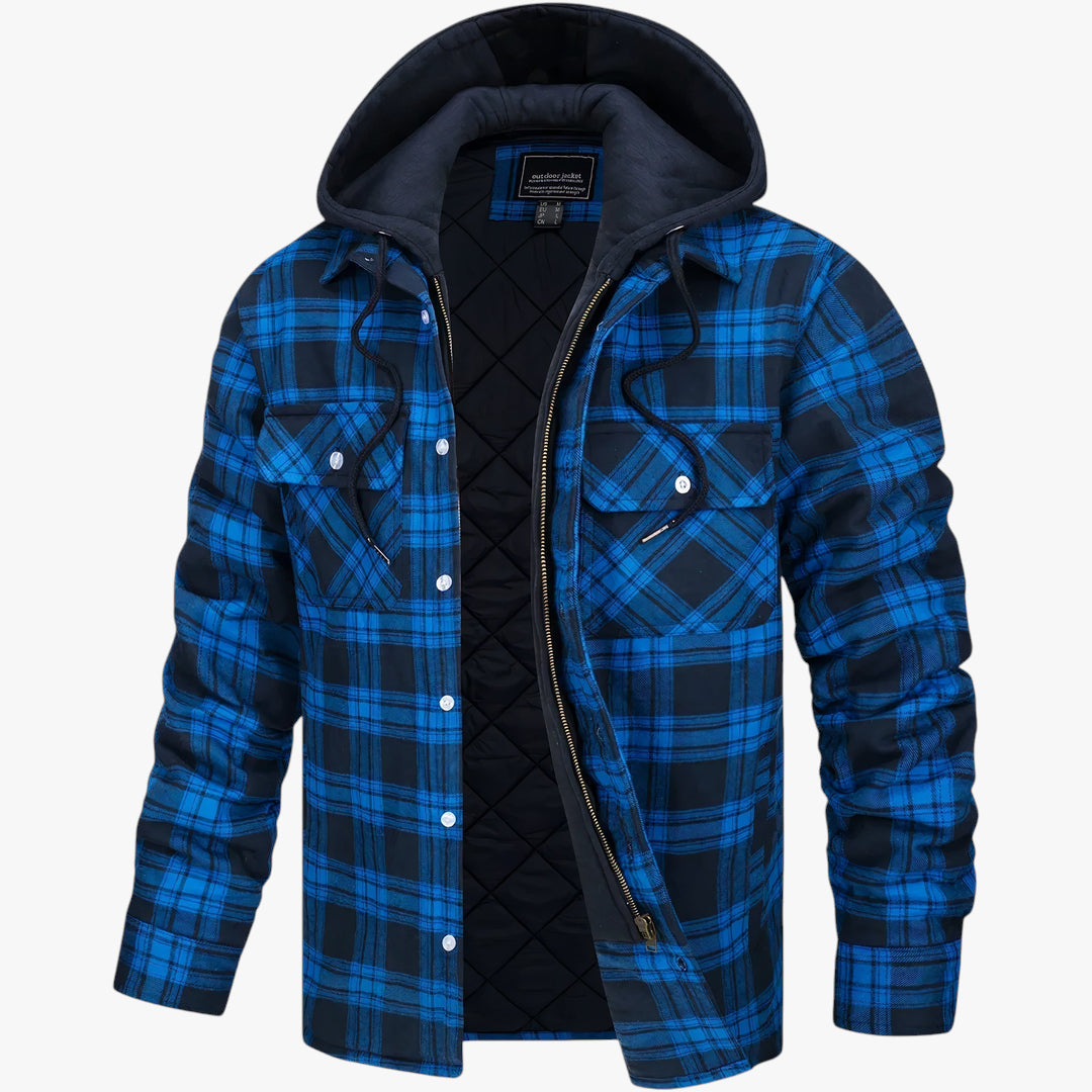 Blue and black plaid jacket with a hood on a white background