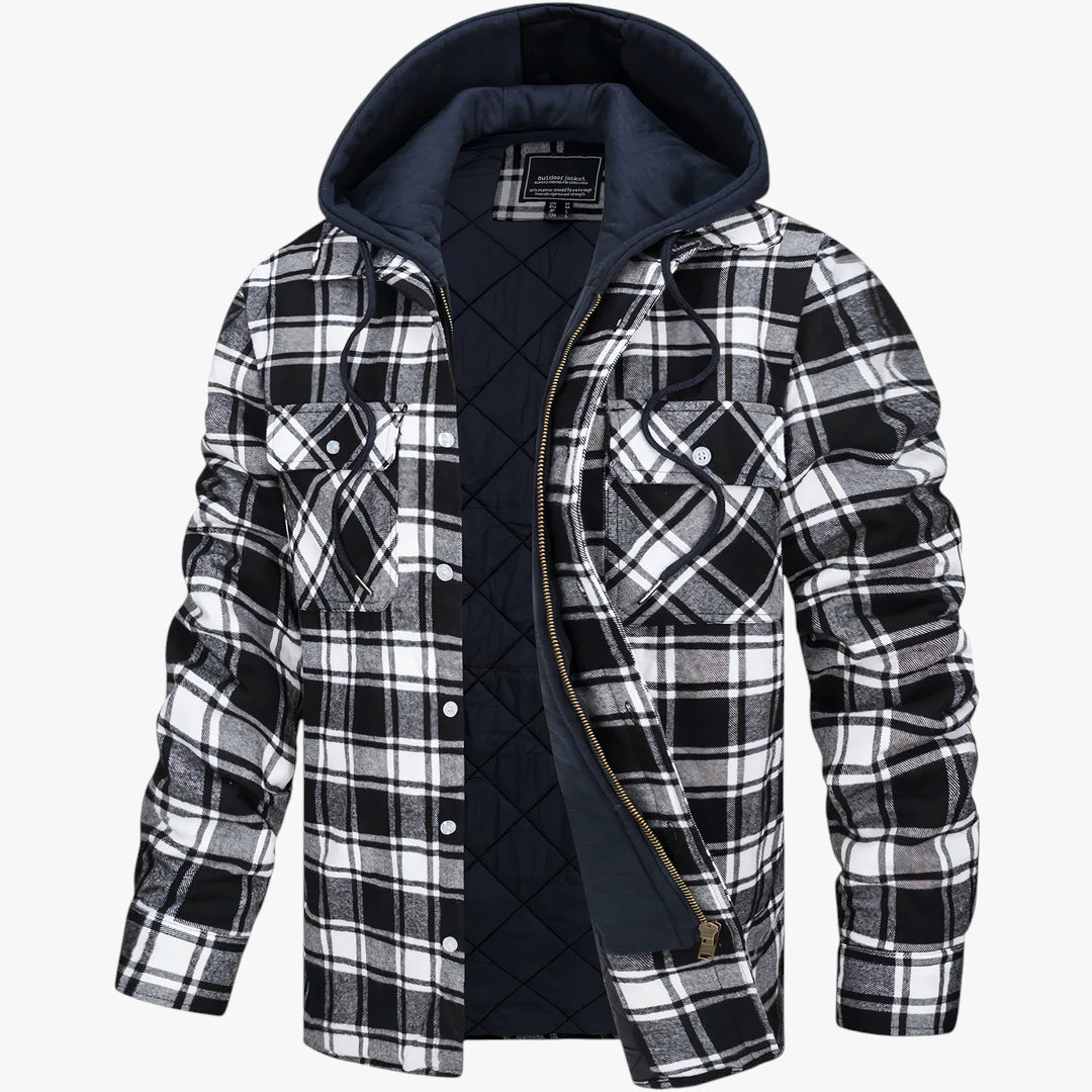 Plaid jacket with quilted navy lining on a white background