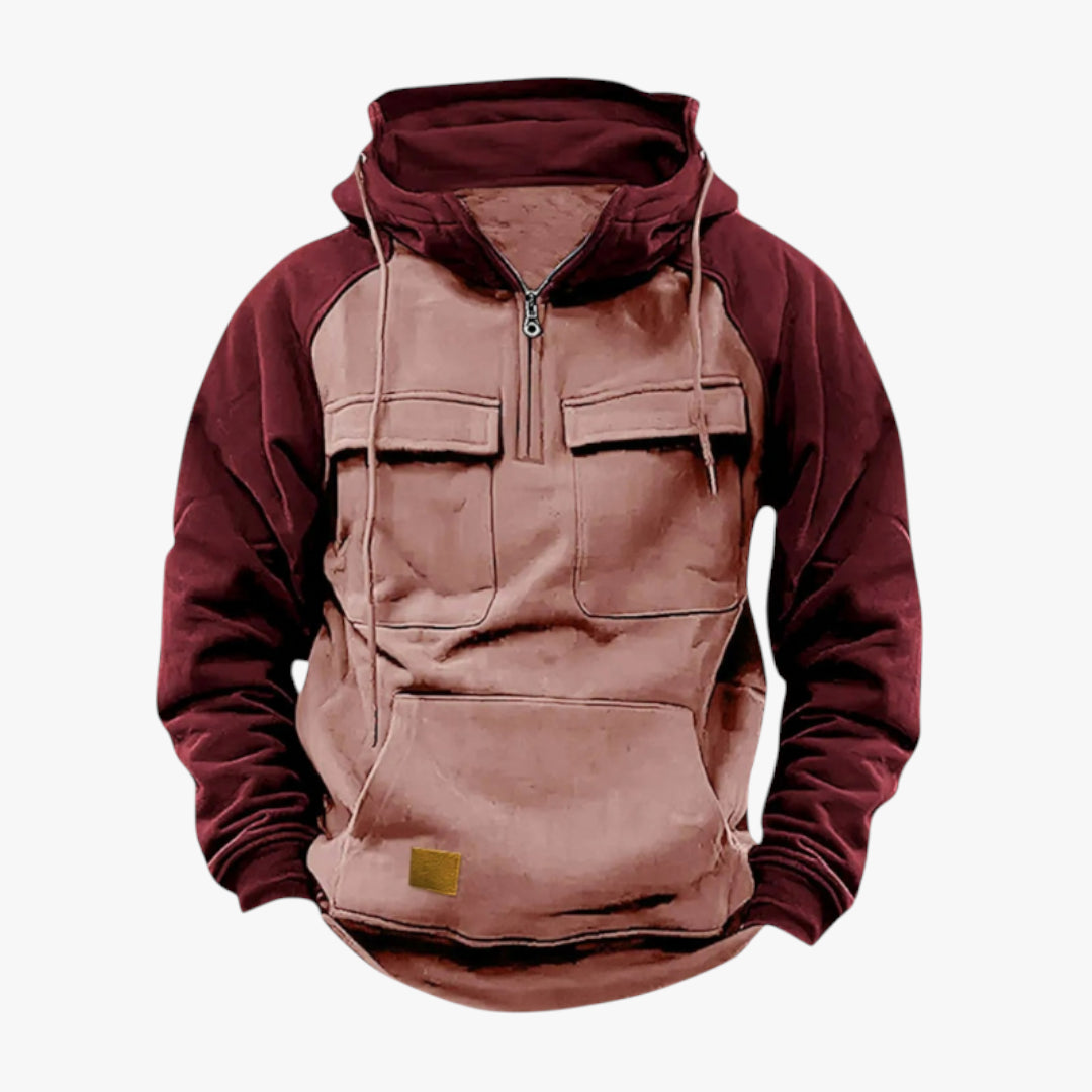 Hoodie with maroon and brown color scheme on a white background