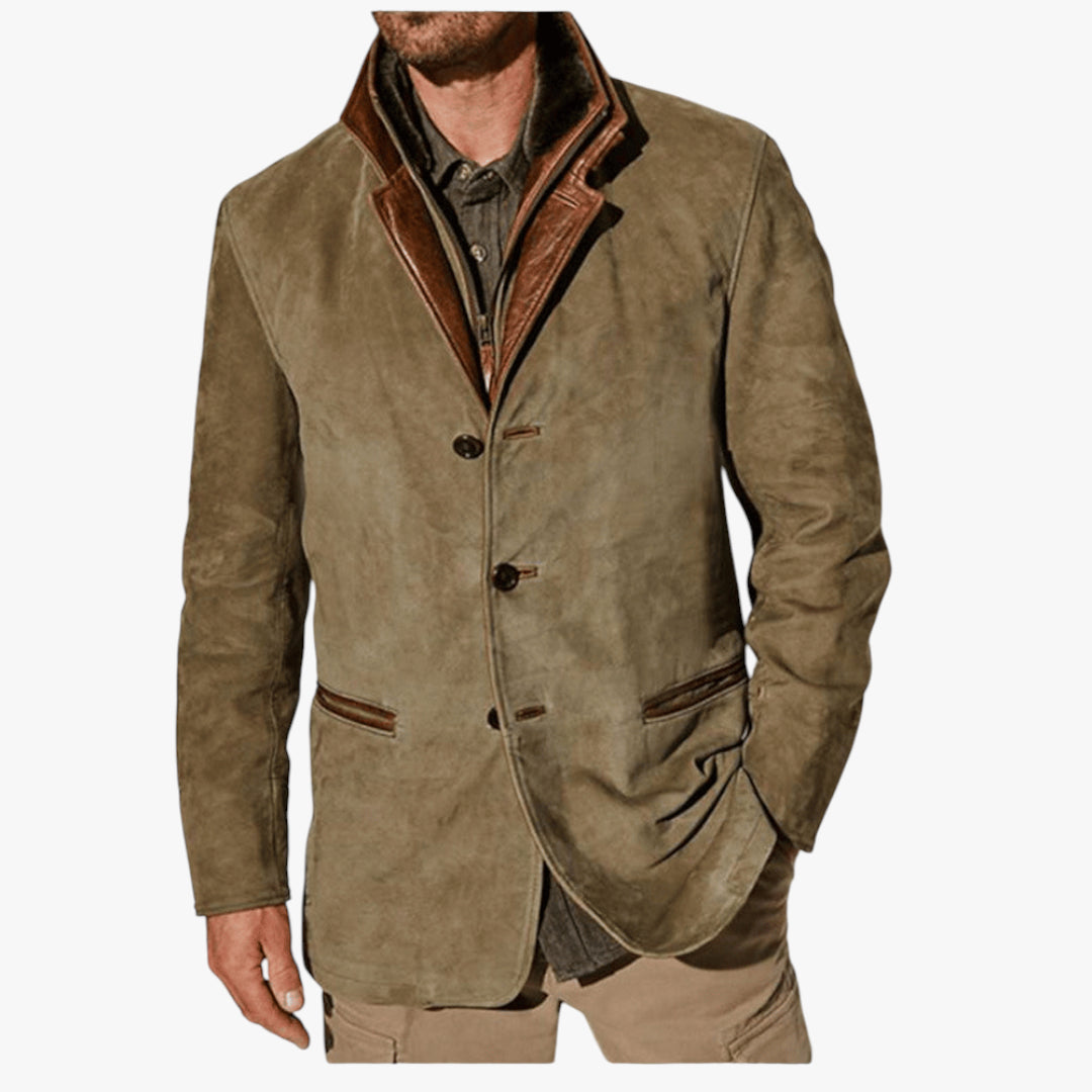 Brown suede jacket with brown interior lining on a white background