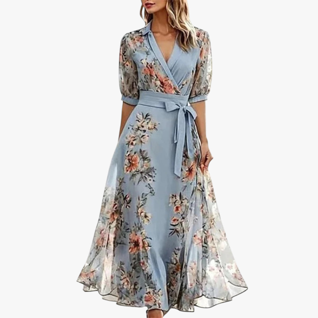 Women's Floral Maxi Dress with Wrap Front and Puff Sleeves