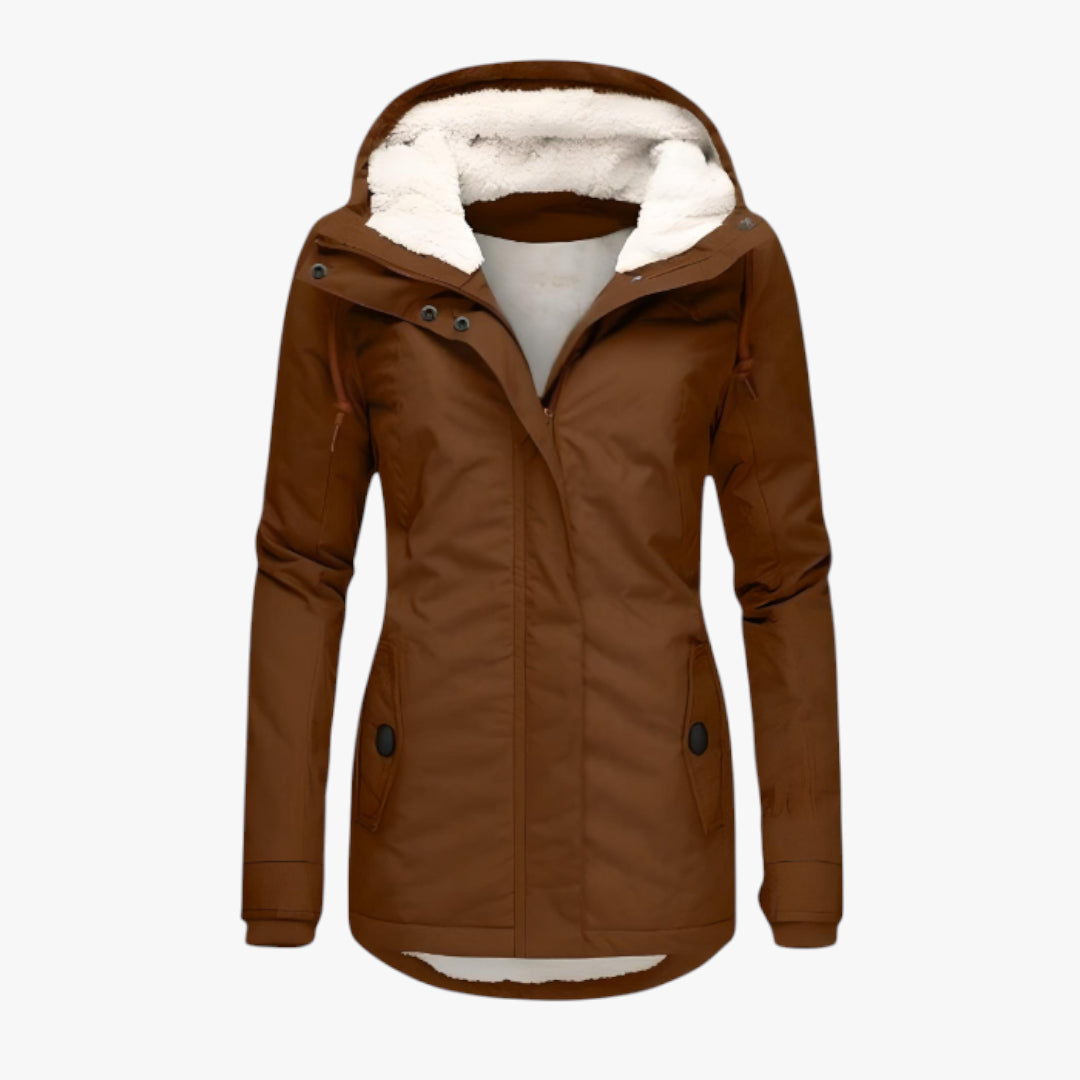 Brown winter jacket with white fur lining on a white background