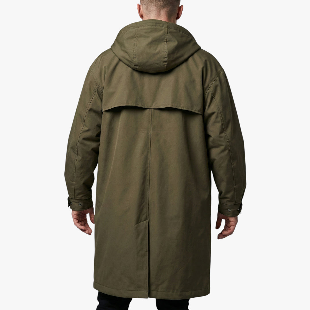 Men's Hooded Trench Coat with Zip Closure and Storm Flap
