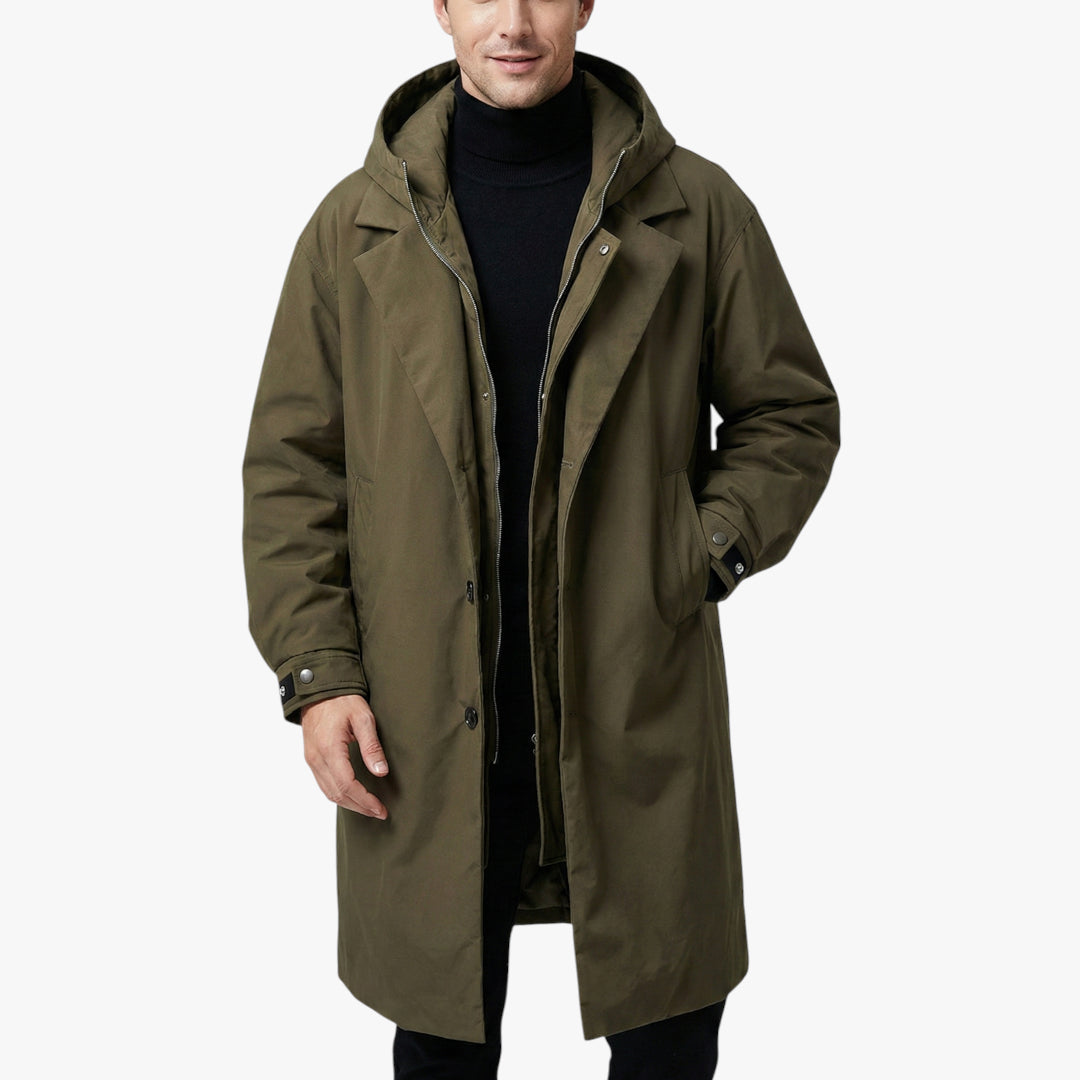 Men's Hooded Trench Coat with Zip Closure and Storm Flap