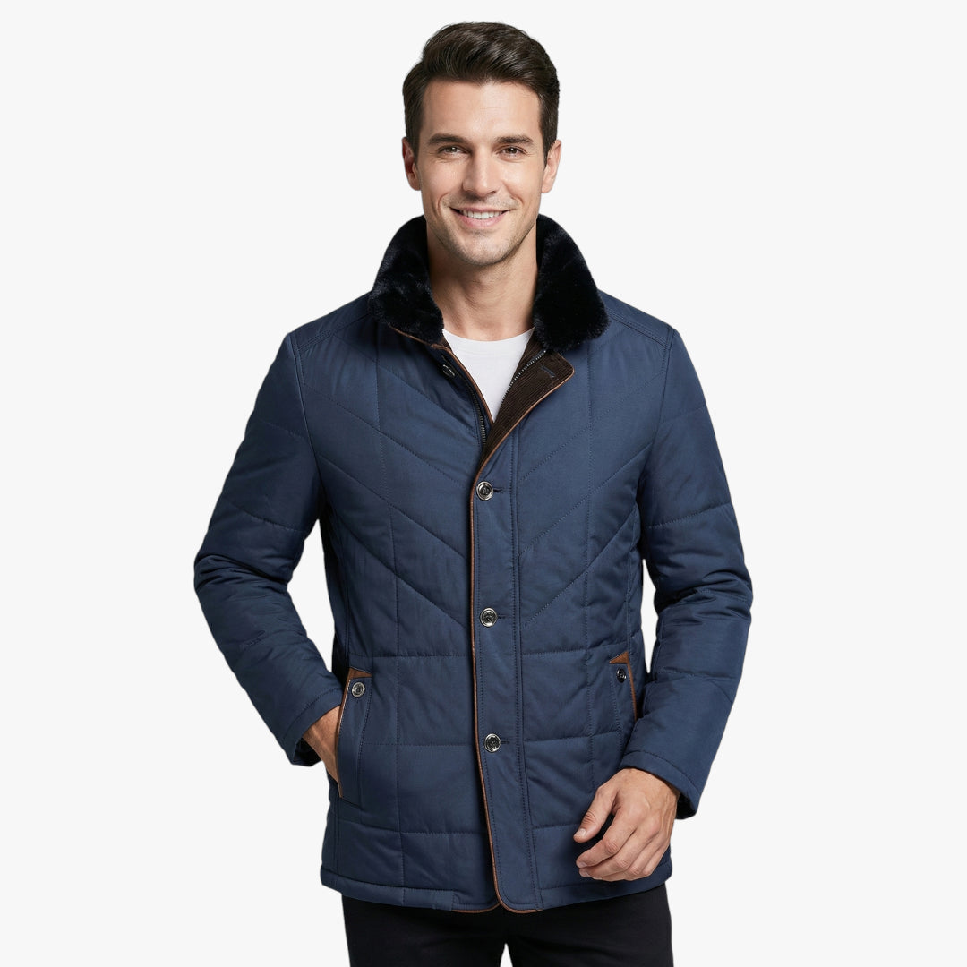 Men's Quilted Winter Jacket with High Collar and Storm Flap