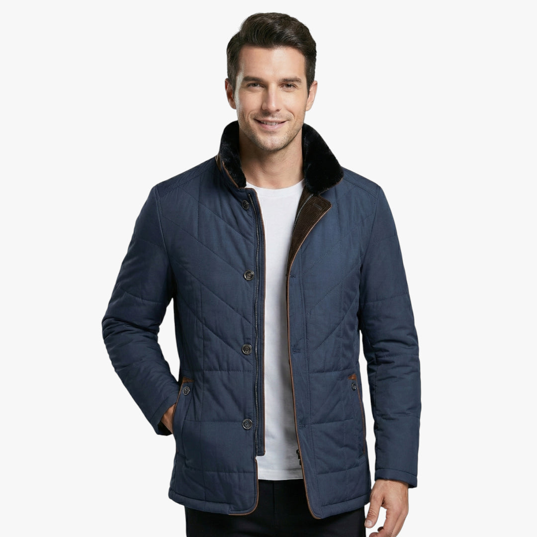 Men's Quilted Winter Jacket with High Collar and Storm Flap