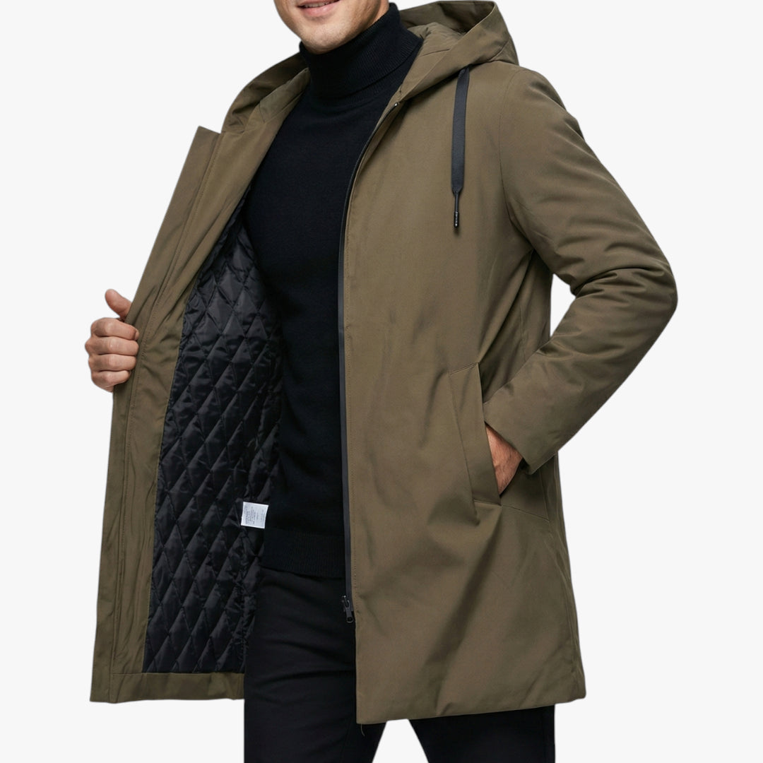 Men's Hooded Parka Jacket with Quilted Lining and Zip Closure
