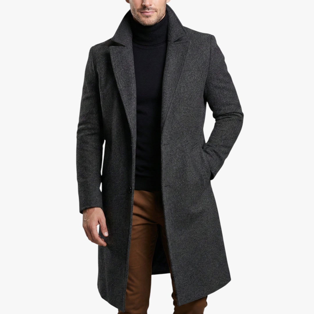 Men's Longline Overcoat with Button Closure and Side Pockets