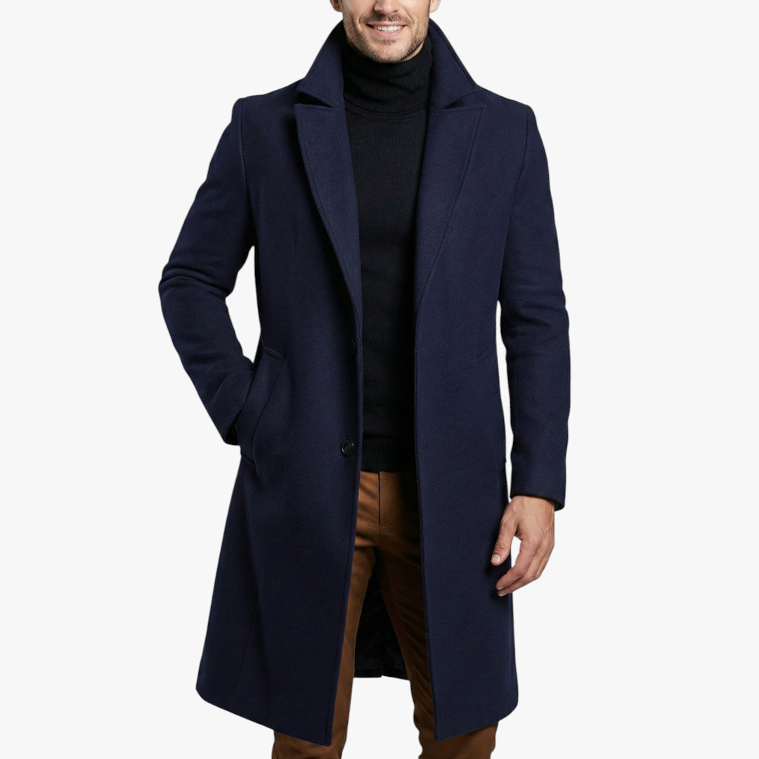 Men's Longline Overcoat with Button Closure and Side Pockets