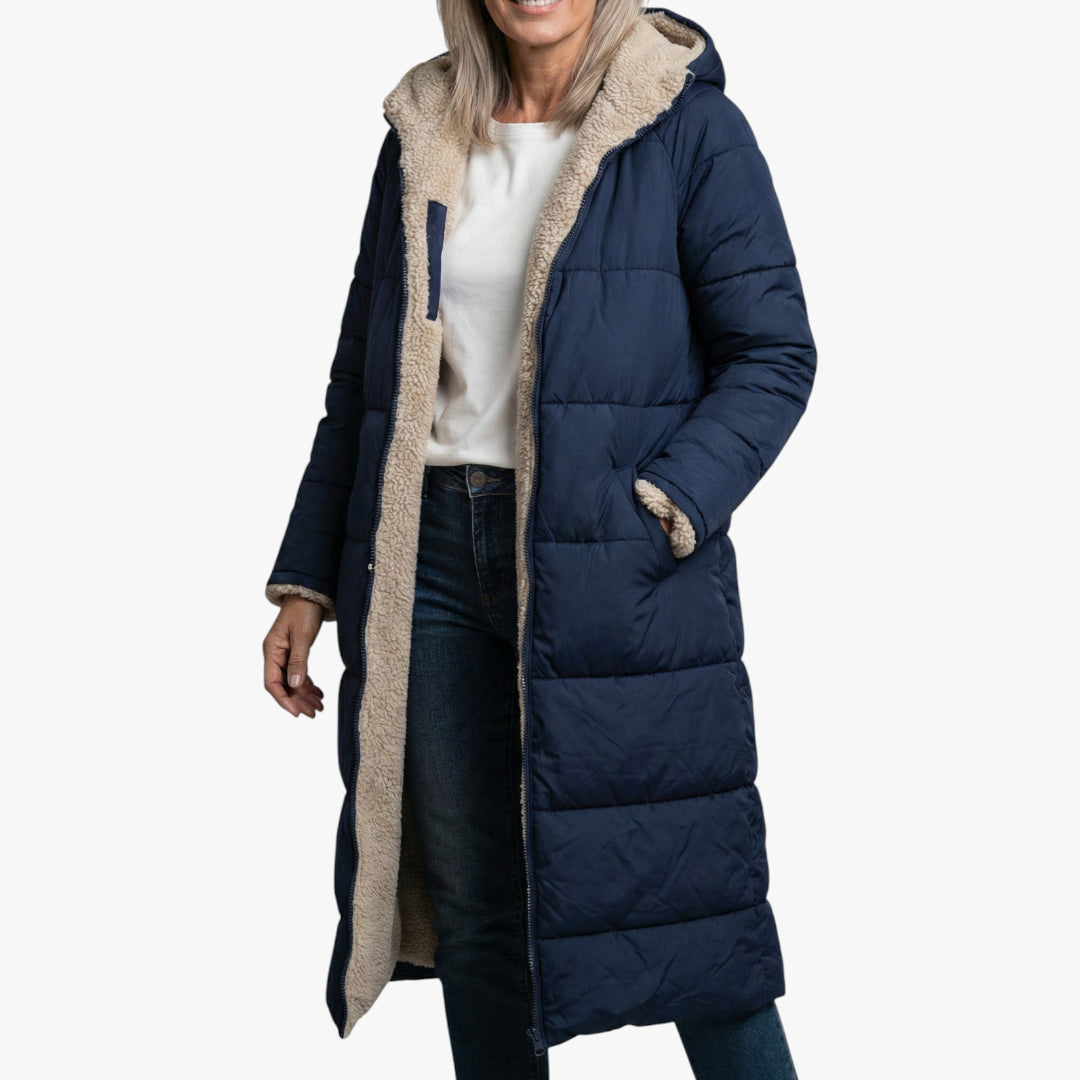 Women's Longline Puffer Jacket with Fleece-Lined and Side Pockets