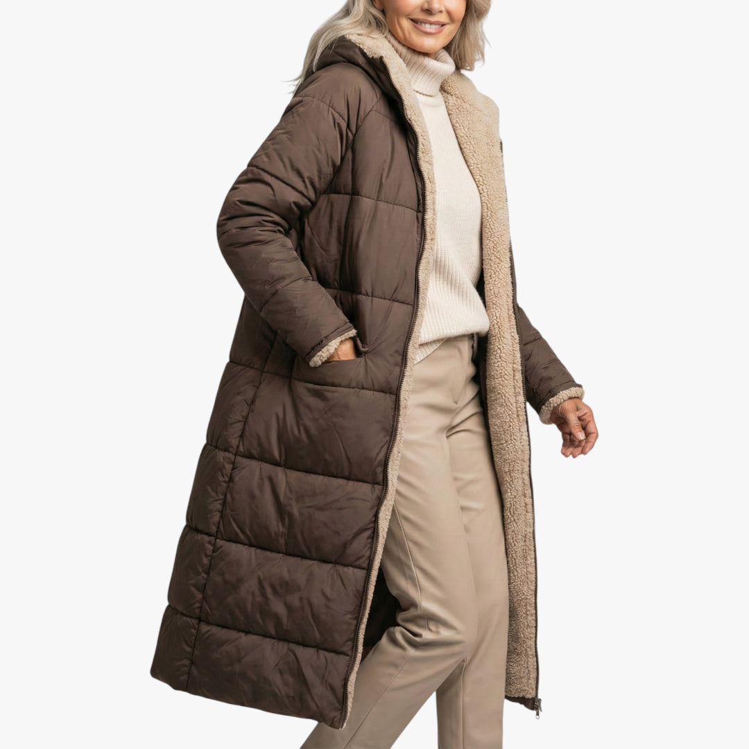 Women's Longline Puffer Jacket with Fleece-Lined and Side Pockets