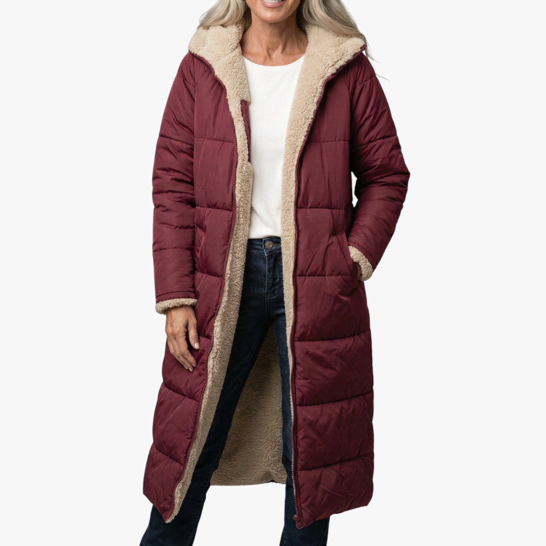 Women's Longline Puffer Jacket with Fleece-Lined and Side Pockets