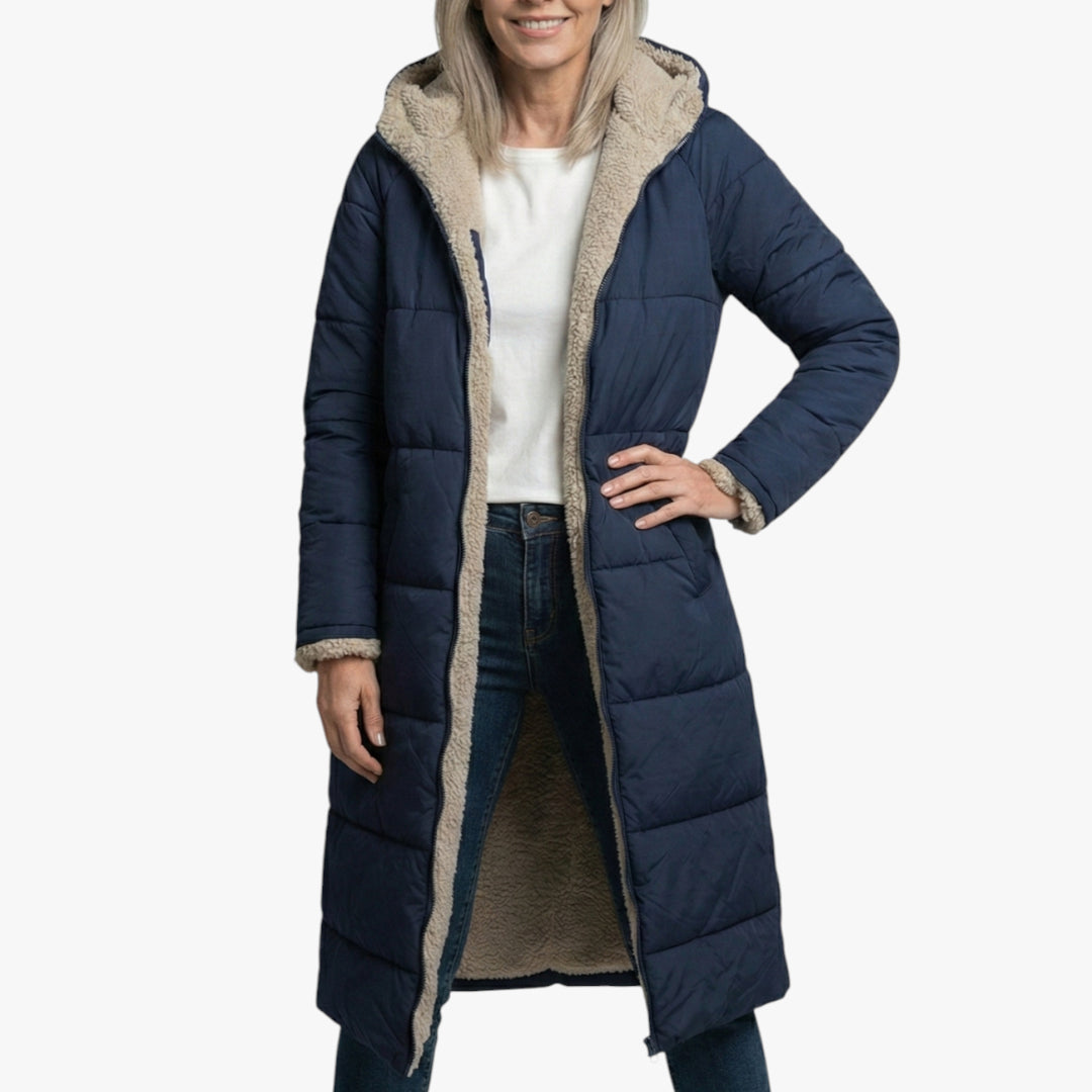 Women's Longline Puffer Jacket with Fleece-Lined and Side Pockets