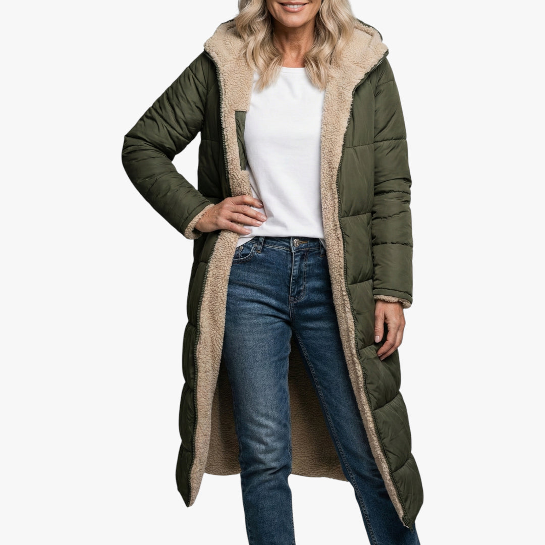 Women's Longline Puffer Jacket with Fleece-Lined and Side Pockets