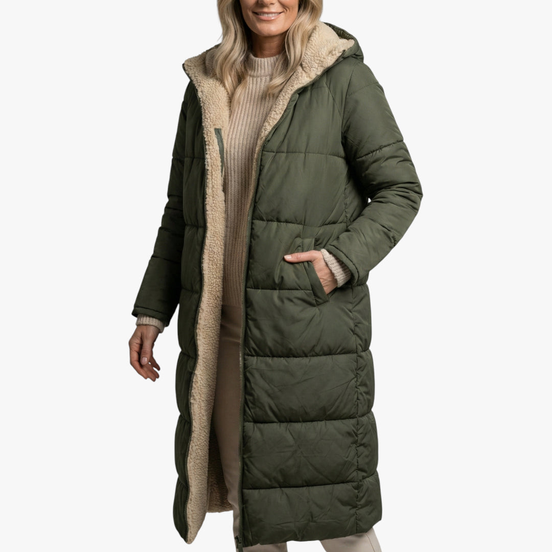 Women's Longline Puffer Jacket with Fleece-Lined and Side Pockets