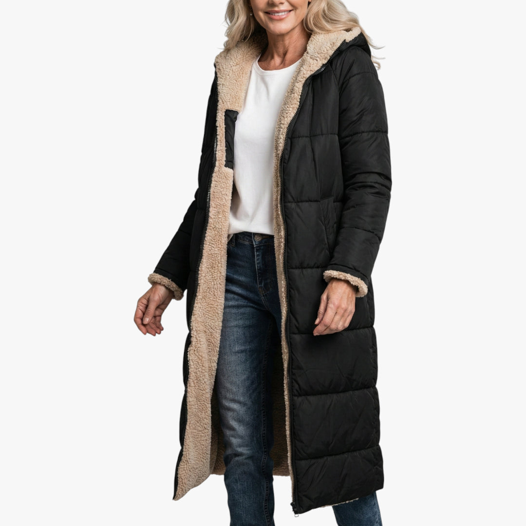 Women's Longline Puffer Jacket with Fleece-Lined and Side Pockets
