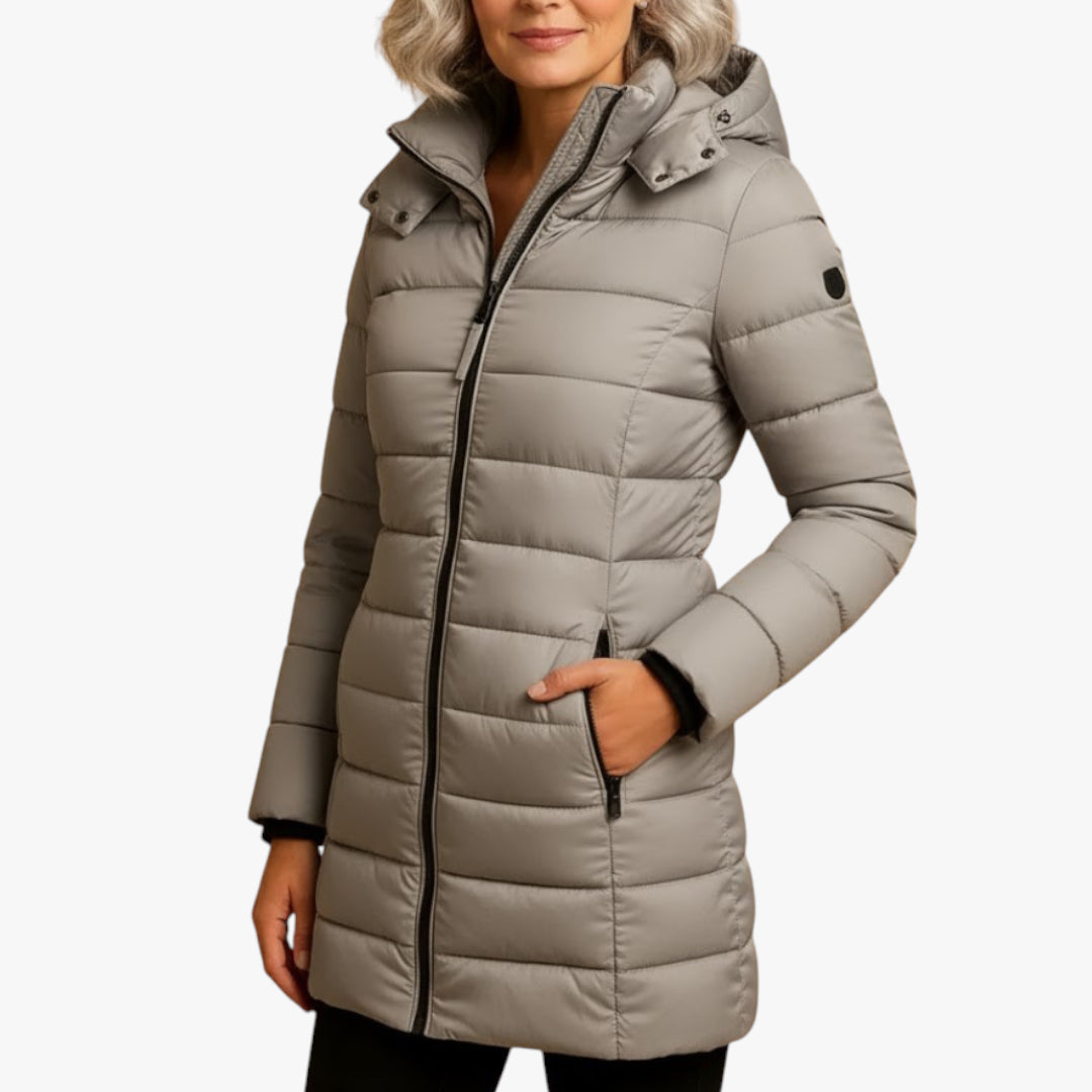 Women's Lightweight Puffer Jacket with Detachable Hood and Two-Way Zip