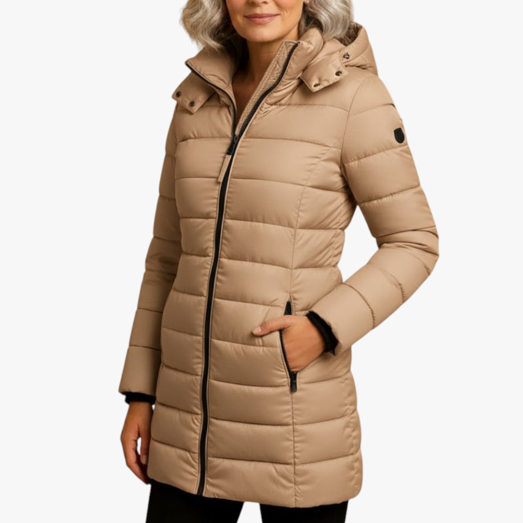 Women's Lightweight Puffer Jacket with Detachable Hood and Two-Way Zip