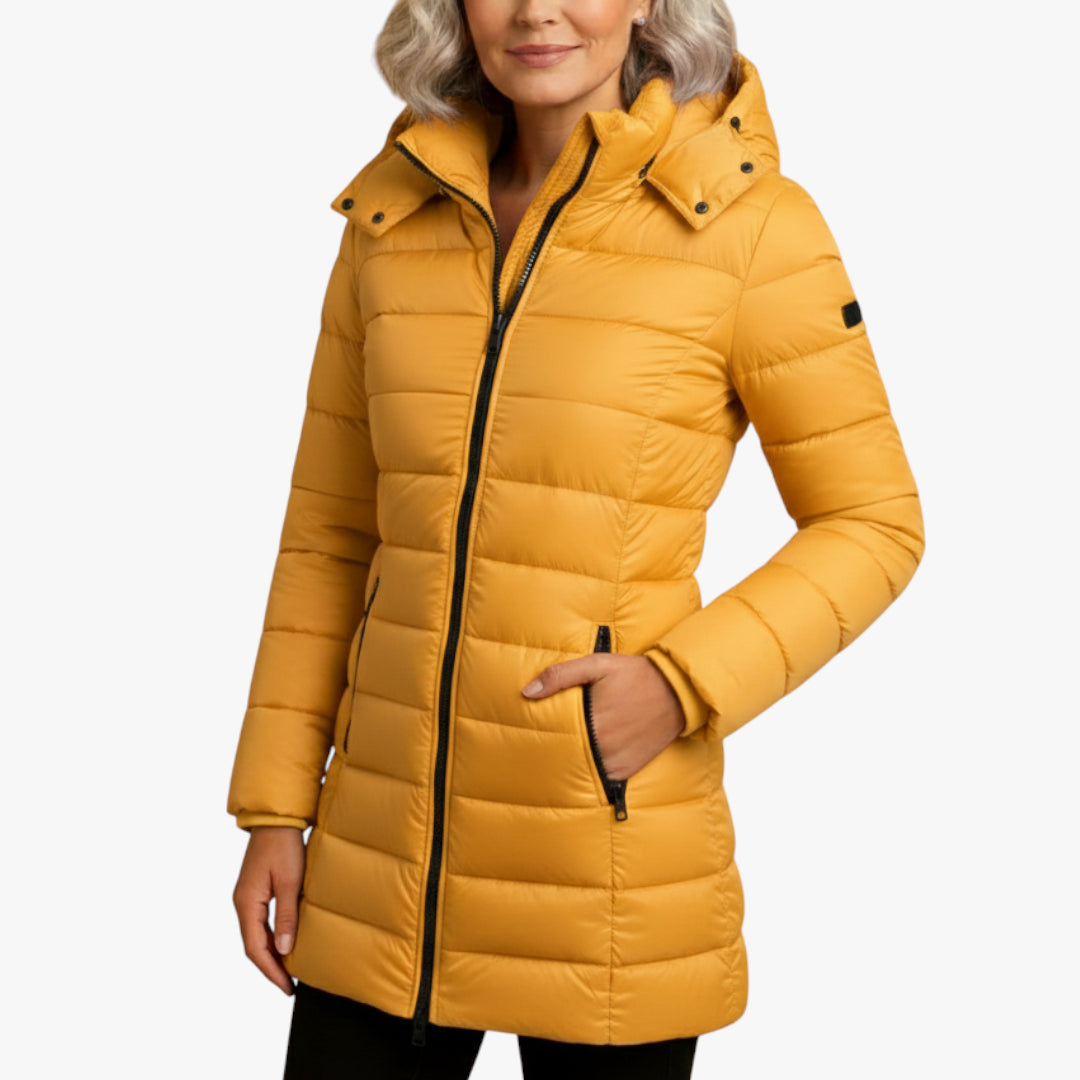 Women's Lightweight Puffer Jacket with Detachable Hood and Two-Way Zip