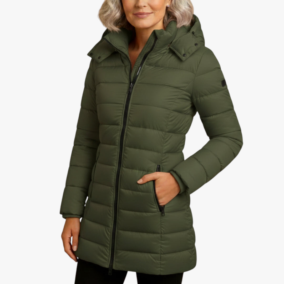 Women's Lightweight Puffer Jacket with Detachable Hood and Two-Way Zip