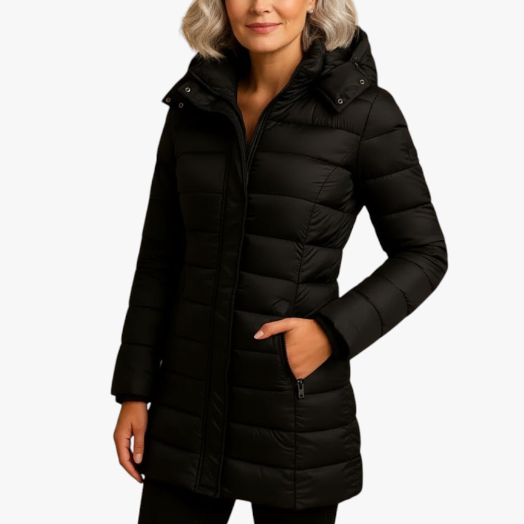 Women's Lightweight Puffer Jacket with Detachable Hood and Two-Way Zip