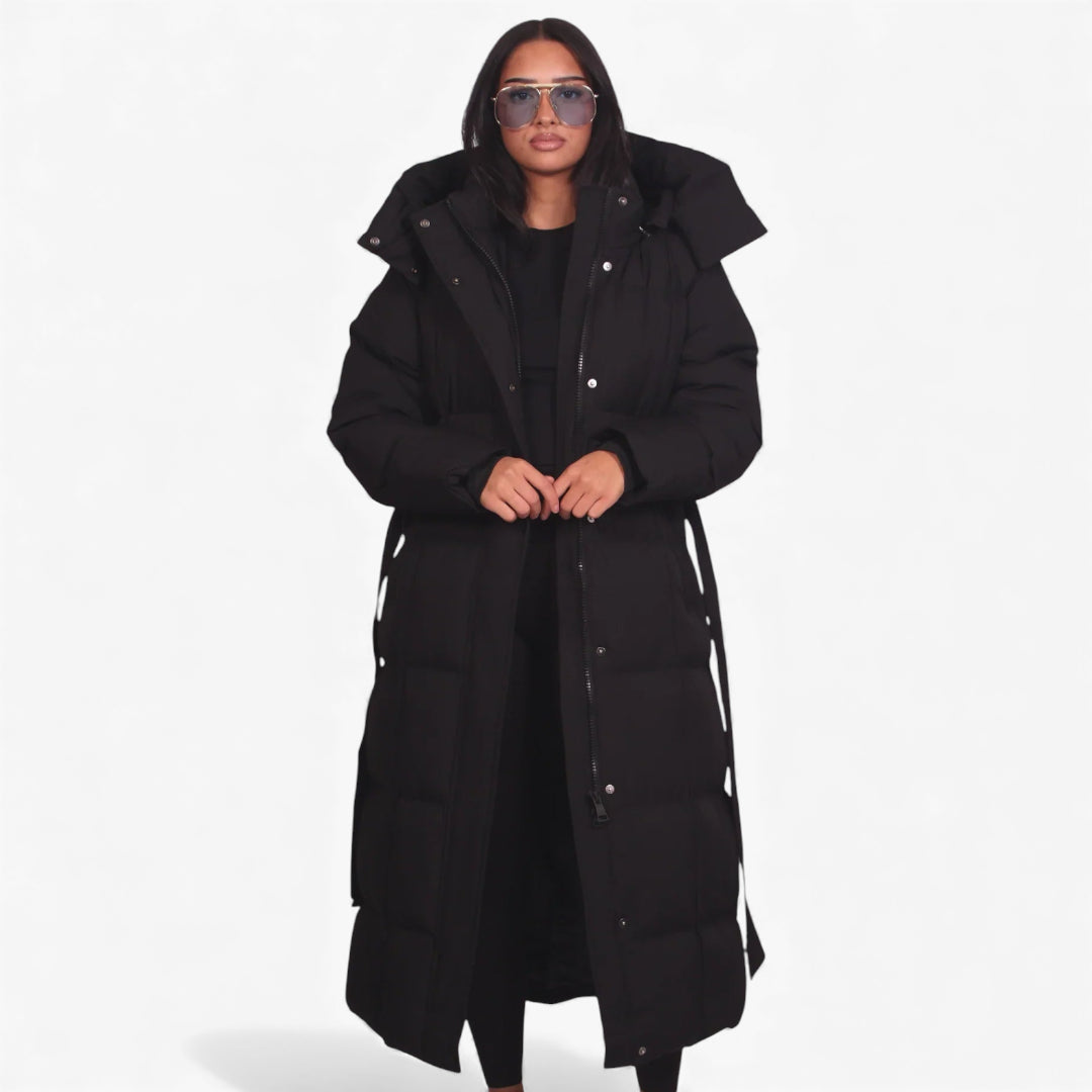 Women's Longline Puffer Jacket with Adjustable Waist and Water-Resistant Shell
