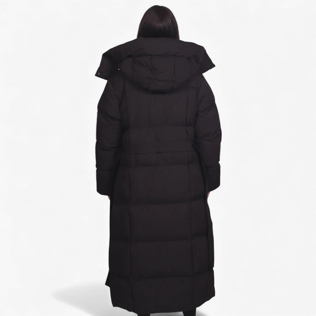 Women's Longline Puffer Jacket with Adjustable Waist and Water-Resistant Shell