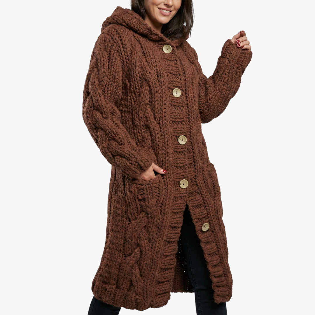 Women's Hooded Longline Coat with Button Closure and Side Pockets