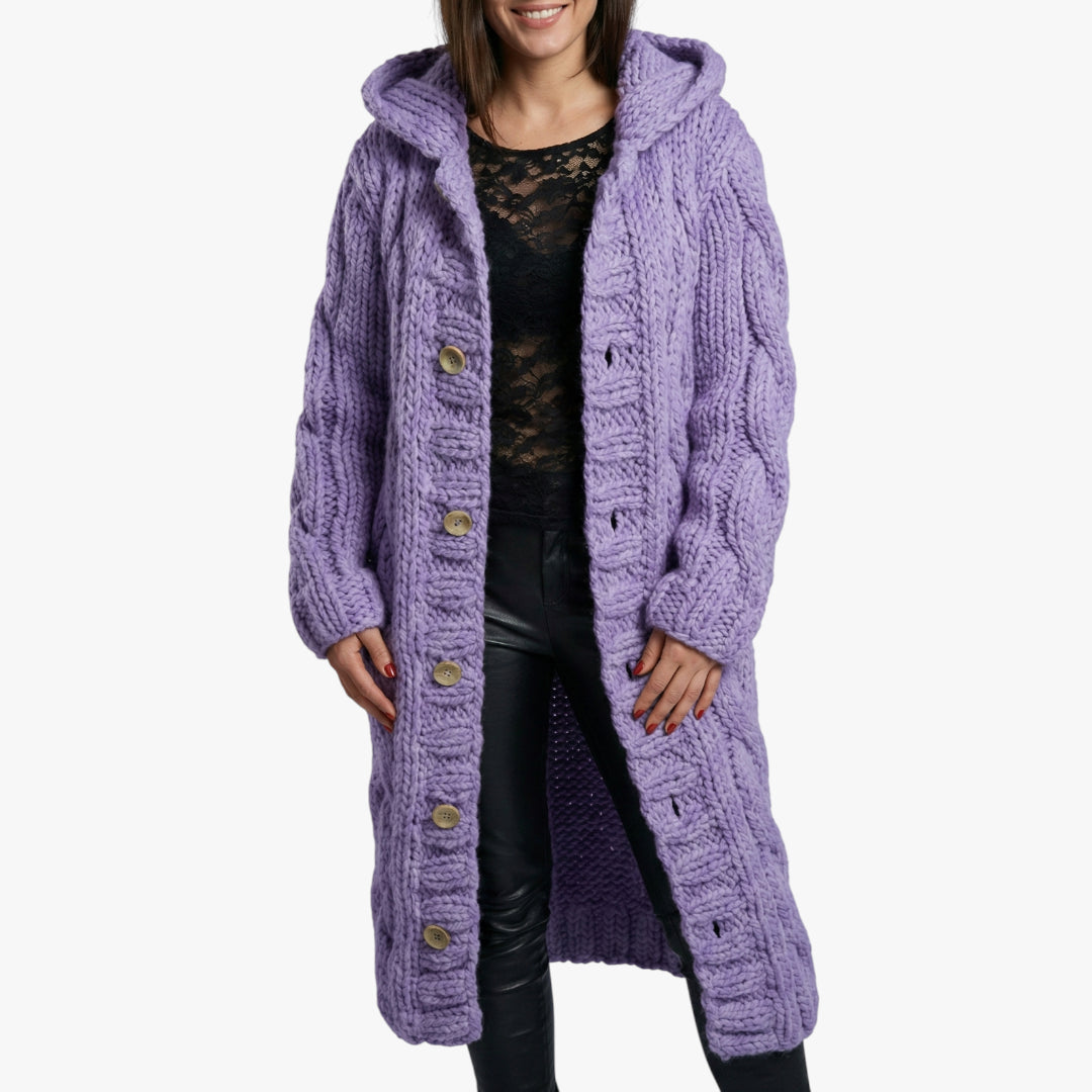 Women's Hooded Longline Coat with Button Closure and Side Pockets