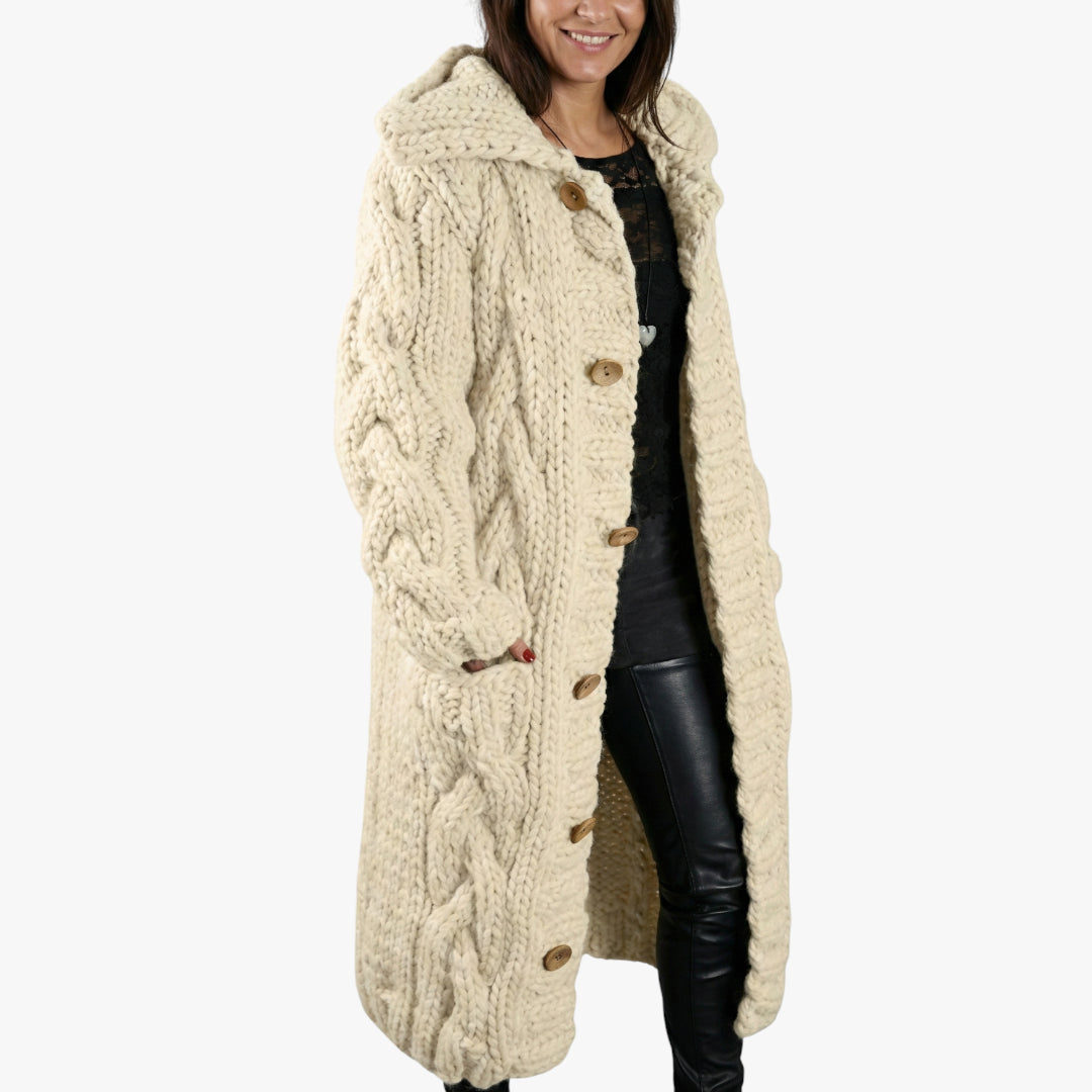 Women's Hooded Longline Coat with Button Closure and Side Pockets