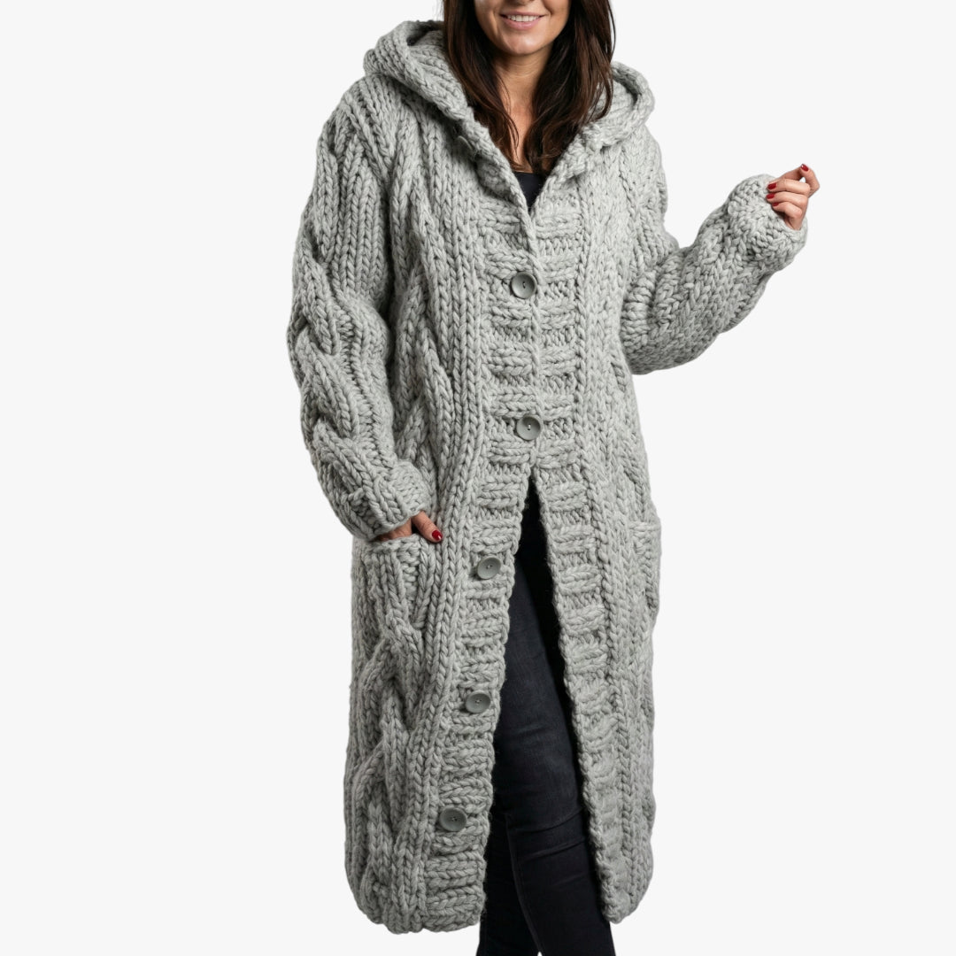 Women's Hooded Longline Coat with Button Closure and Side Pockets