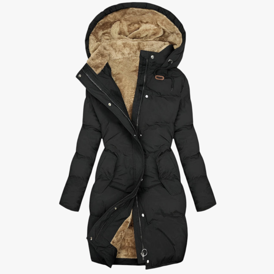 Women's Longline Puffer Jacket with Drawstring Hood and Adjustable Waist