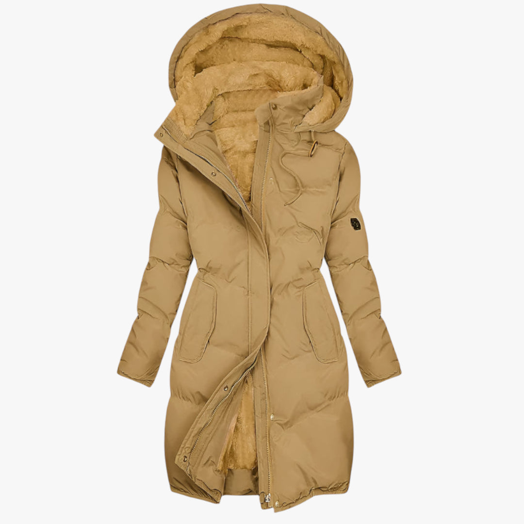 Women's Longline Puffer Jacket with Drawstring Hood and Adjustable Waist