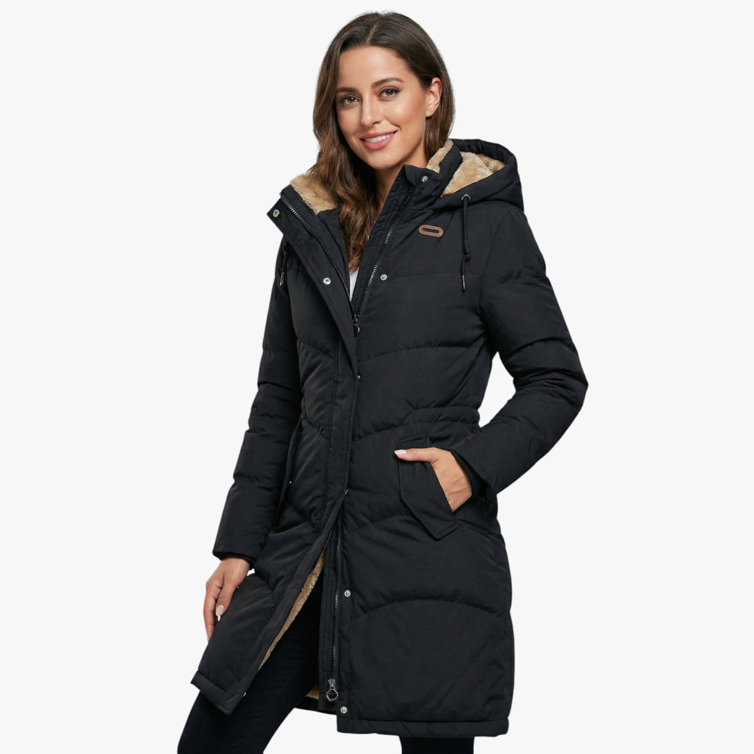Women's Longline Puffer Jacket with Drawstring Hood and Adjustable Waist