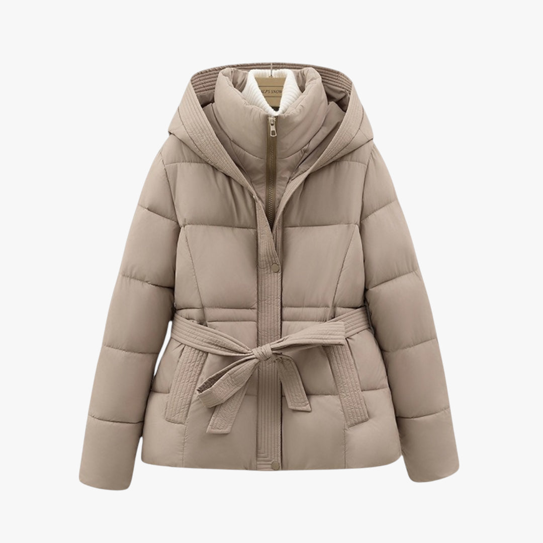 Women's Hooded Puffer Jacket with Removable Belt and High Collar