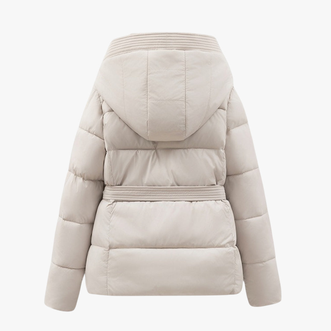 Women's Hooded Puffer Jacket with Removable Belt and High Collar