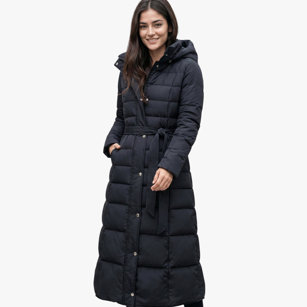 Women's Longline Puffer Jacket with Detachable Hood and Adjustable Waist