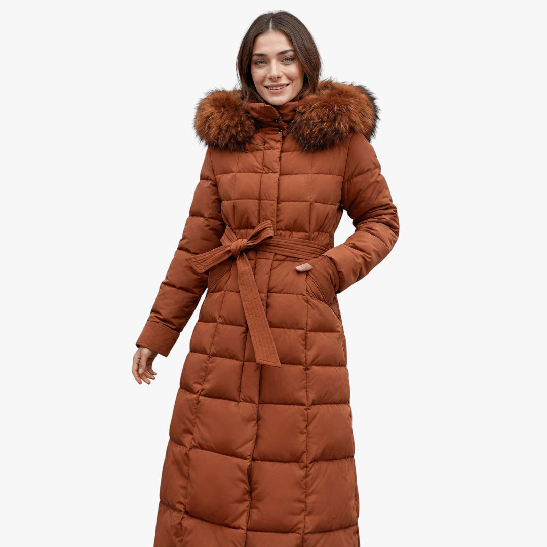 Women's Longline Puffer Jacket with Detachable Hood and Adjustable Waist