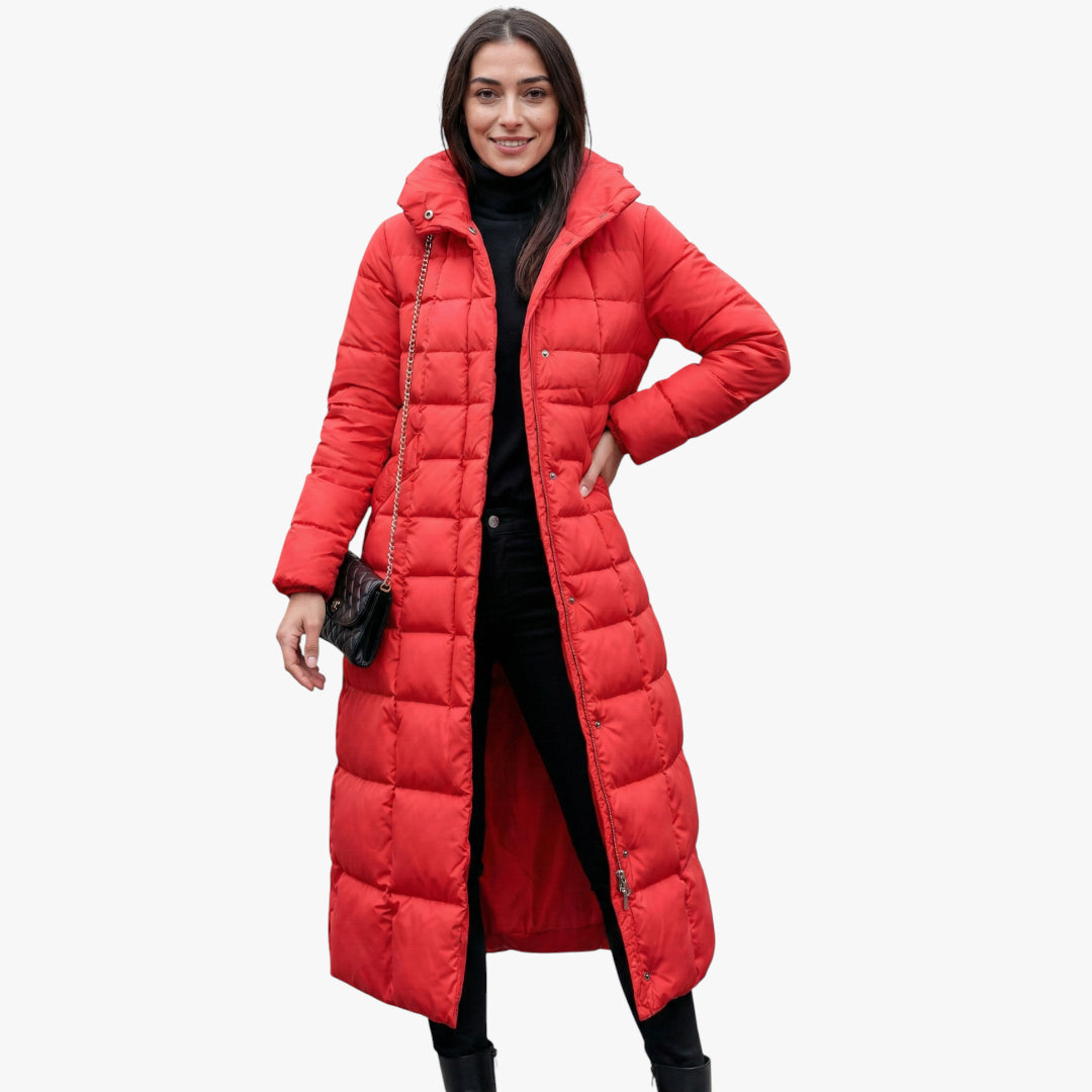 Women's Longline Puffer Jacket with Detachable Hood and Adjustable Waist