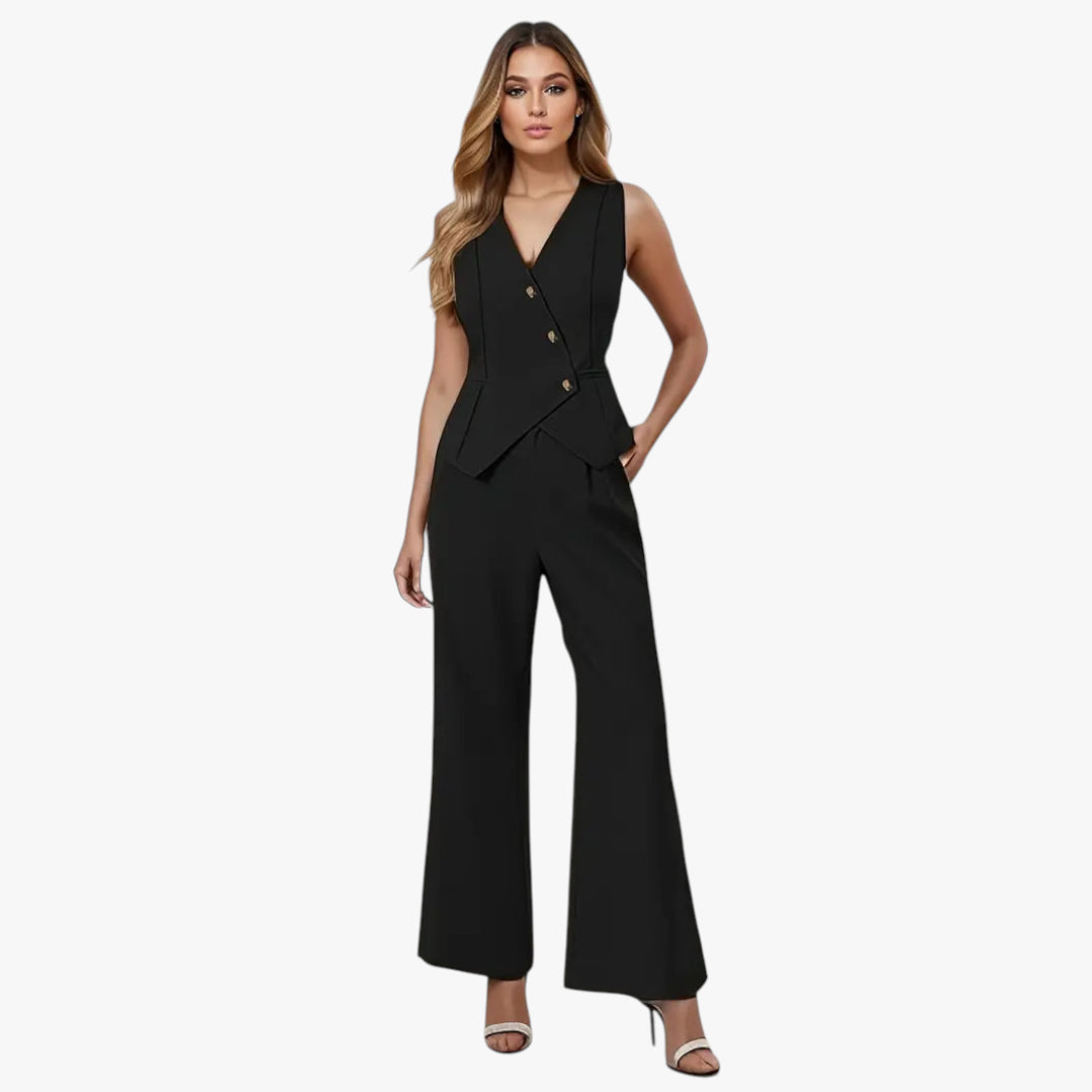 Women's V-neck Set with Sleeveless Vest and Wide Leg Pants