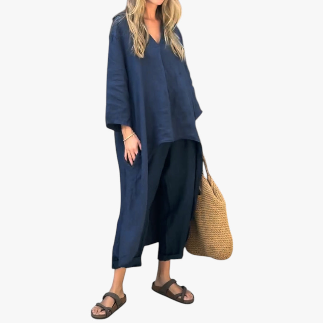 Women's Lightweight Co-ord Set with Relaxed Fit Trousers and V-Neckline