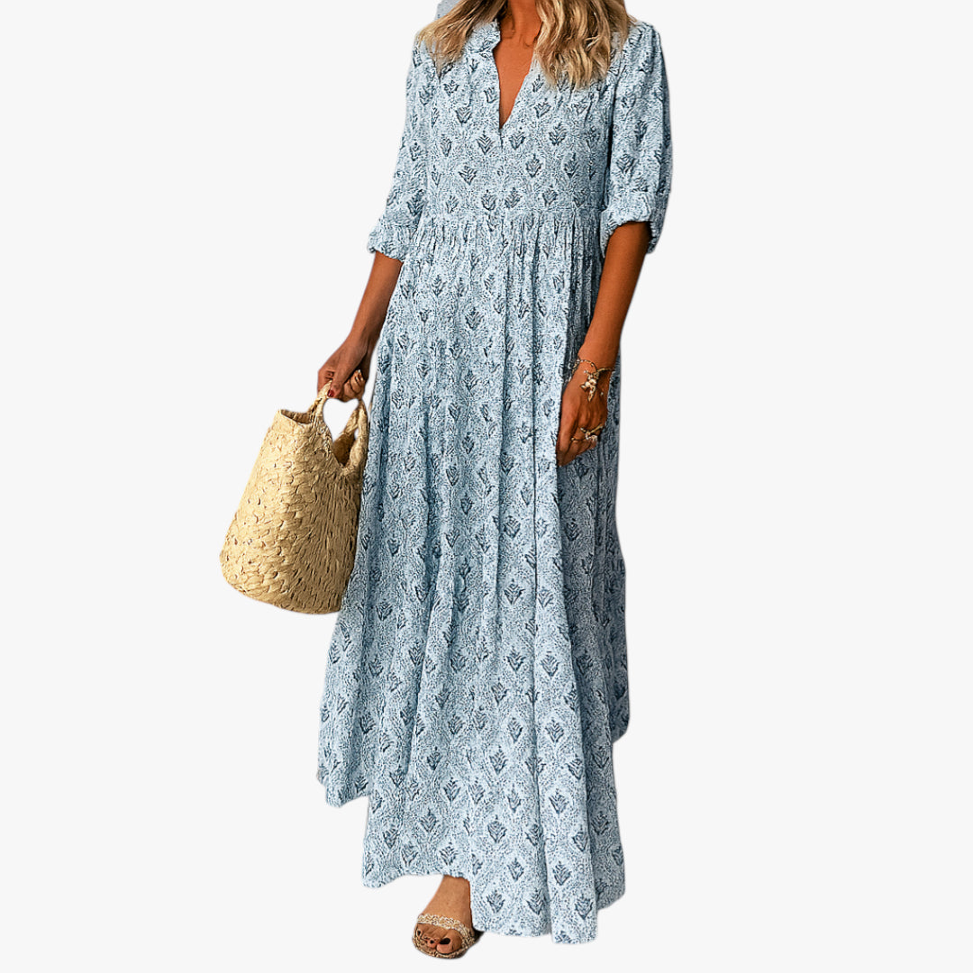 Women's Maxi Dress with V Neck and 3/4 Sleeves