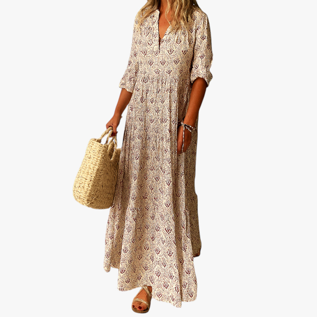 Women's Maxi Dress with V Neck and 3/4 Sleeves